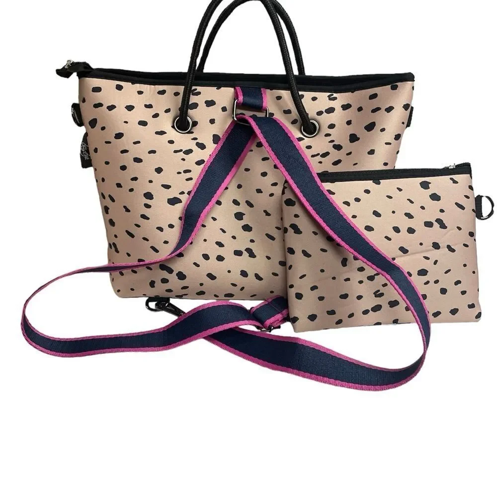 Neoprene tote & clutch, pink with black spots, zipper closure & backpack strap